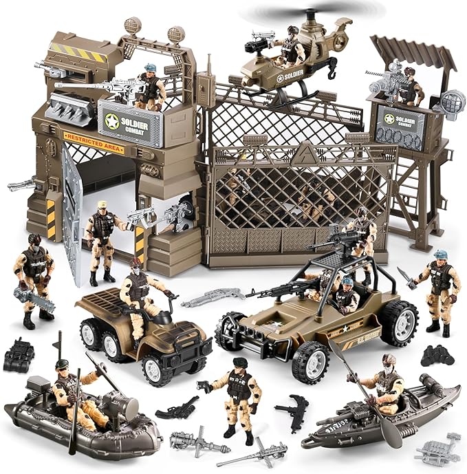 86-In-1 Army Men Toys for Boys 4-7 6-8 8-12, Military Base/Truck/Kayak Boat/Motorcycle/Helicopter/Army Men Action Figures/ Weapon Gear Accessories, Military Combat Toys Kids Boys Birthday Gifts