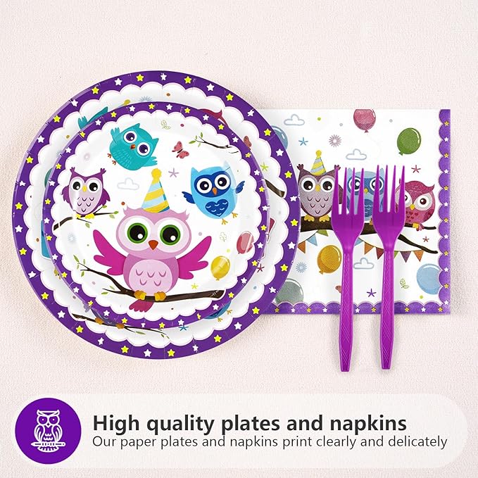 96 Pcs Owl Birthday Party Supplies Cute Cartoon Owl Paper Plates and Napkins Disposable Animal Owl Theme Tableware Set Owl Birthday Party Decorations for Kids Boys Girls Birthday Baby Shower Serves 24