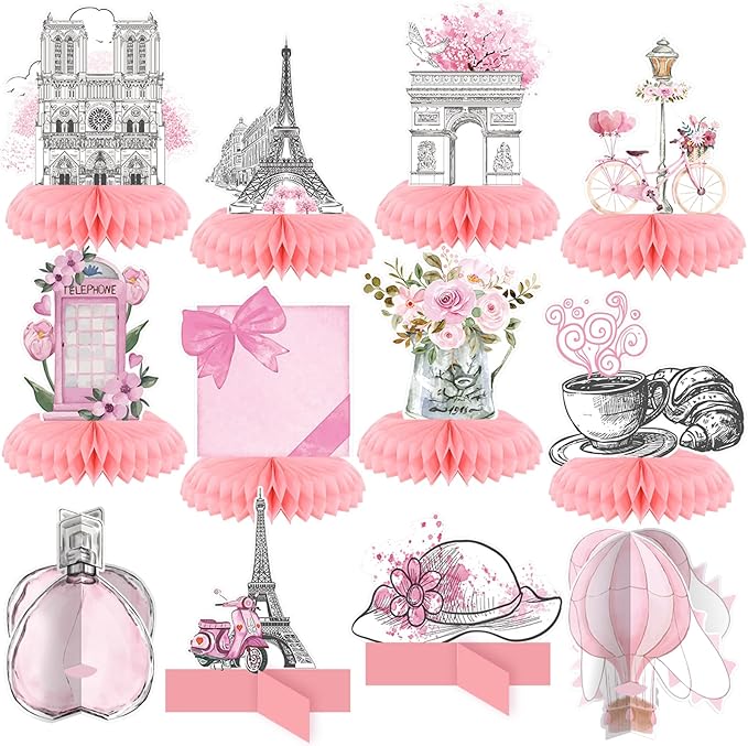 12 Pcs Paris Party Decorations Eiffel Tower Honeycomb Table Centerpieces Pink Perfume Hot Air Balloon Bicycle Paris Table Topper Decoration for French Birthday Party Favors Supplies