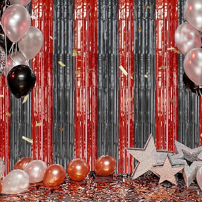 3 Pack Foil Fringe Backdrop - Red&Black Shiny Tinsel Curtains for Party Decoration/Photo Booth Props - 3.3x8.2 FT Metallic Foil Backdrop for Birthday, Wedding, Graduation, Christmas.