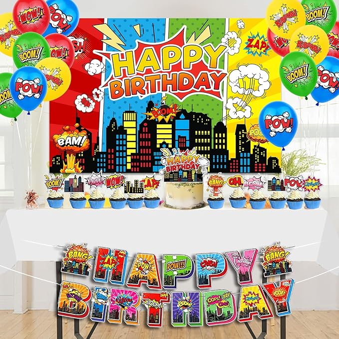 31pcs Superhero Birthday Party Supplies Pack Includes City Hero Theme Backdrop 5X3FT, Banner, Cupcake Toppers,Cake Topper and Balloons for Super Hero Party Decorations