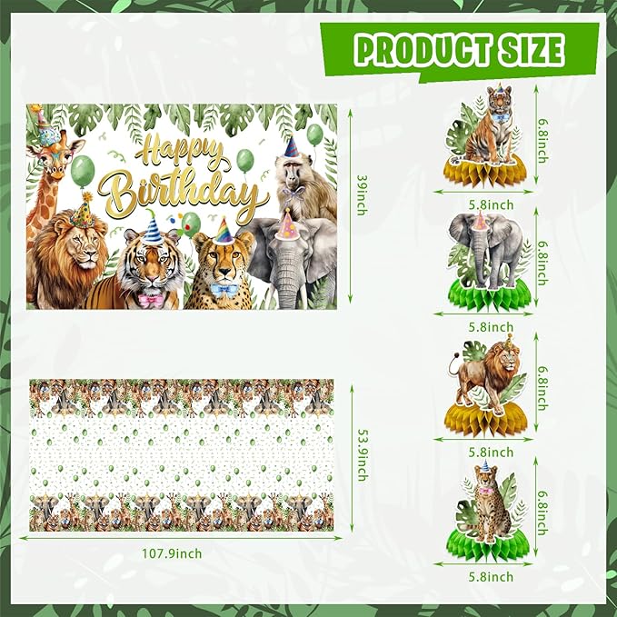 Safari Birthday Party Decorations, Jungle Wild Animals Birthday Party Supplies Decor with Backdrop, Banner, Balloons, Cake Toppers, Tablecloth, Centerpieces, Hanging Swirls