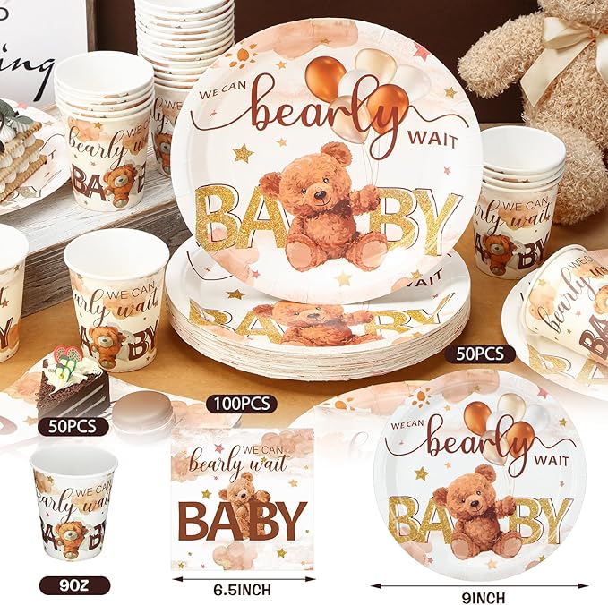 Hushee 200 Pcs Brown Bear Baby Shower Paper Plates Napkins Cups Baby Shower Party Supplies Tableware Set Brown Bear Disposable Cup Napkin for 50 Guest Spring Party Decoration