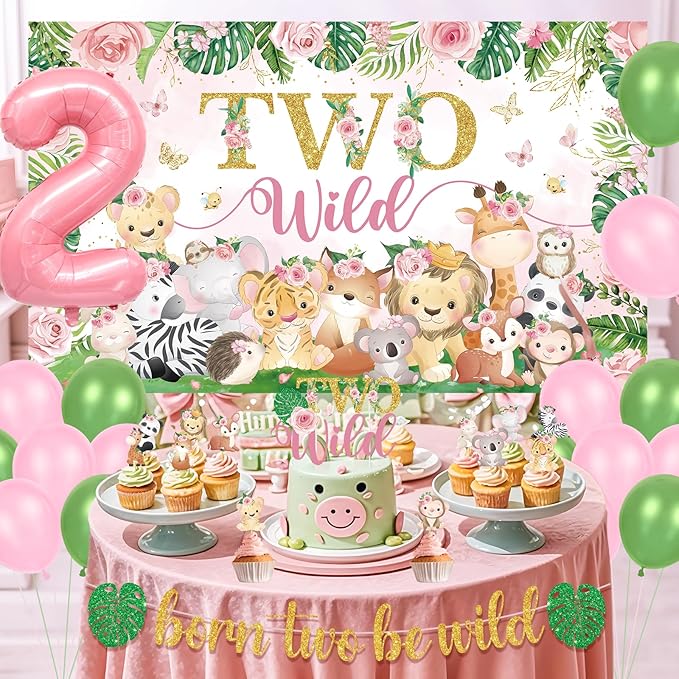 Two Wild Birthday Decorations Girl Pink Jungle Animal Theme 2nd Birthday Party Supplies Include Two Wild Backdrop Banner Balloons Cupcake Toppers for Girl 2 Year Old Safari Party Decor
