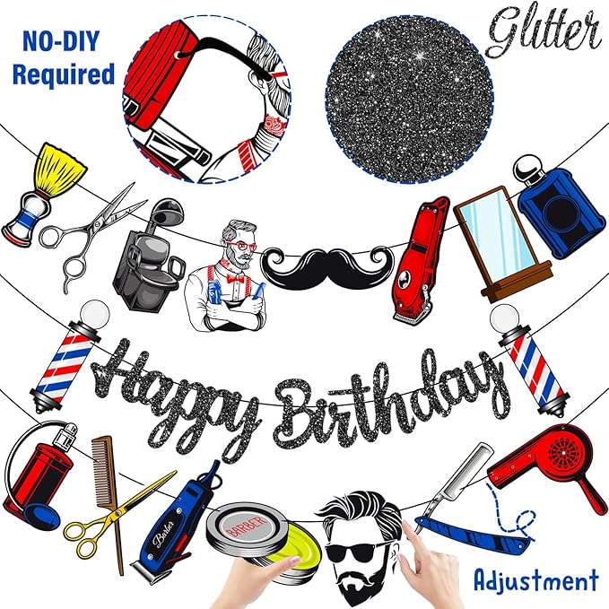 Barber Banners 3Pcs Hairdresser Party Decorations Glitter Black Barbershop Happy Birthday Banner Hairstylist Party Supplies for Barber Lovers Decor