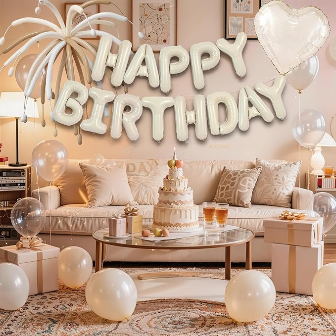 Milk White Happy Birthday Banner Balloon Aluminum Foil 16in Letter, 12in Latex Balloons, 11.8in Long Balloons, 16in Love Heart Aluminum Foil Balloon, Men, Women, Party Decoration Supplies (Milk White)