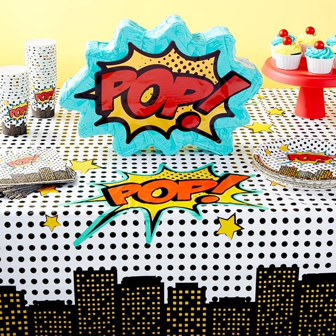 Blue Panda Comic Book Party Decorations Tablecloths 3-Pack - 54 x 108 in, Plastic & Cartoon Pattern - Disposable Birthday Table Cover for Boys - Comic Birthday Party Supplies