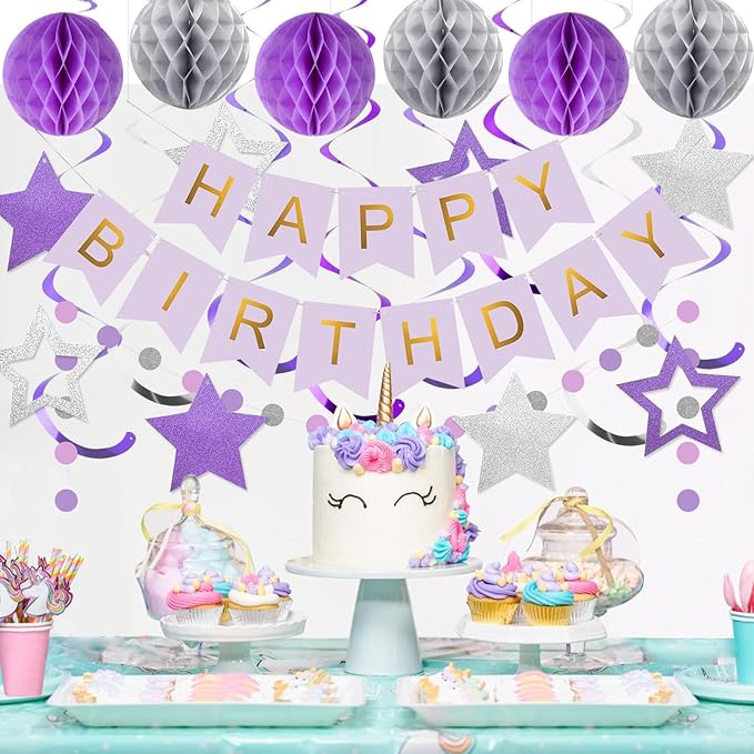 meowtastic Birthday Decorations, Happy Birthday Banner with Honeycomb Balls, Star Hanging Swirl Streamers, Circle Dot Garland, Happy Birthday Party Decoration for Women Men Boys Girls (Purple&Silver)