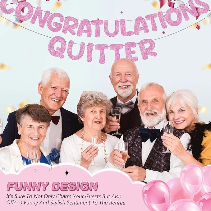 Fulmoon Pre Strung Congratulations Quitter Glitter Banner Funny Retirement Banner Graduation Party Decorations Going Away Supplies Garland for Men Women Gifts, No DIY (Pink)