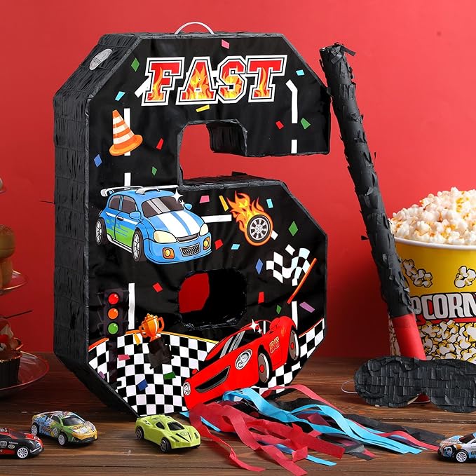 Race Car Piñata Pull String Cars Piñatas for Birthday Party Decorations Number 2 3 4 5 6 with Blindfold Stick Small Red Black Racing Theme 2nd 3rd 4th 5th 6th Party Supplies