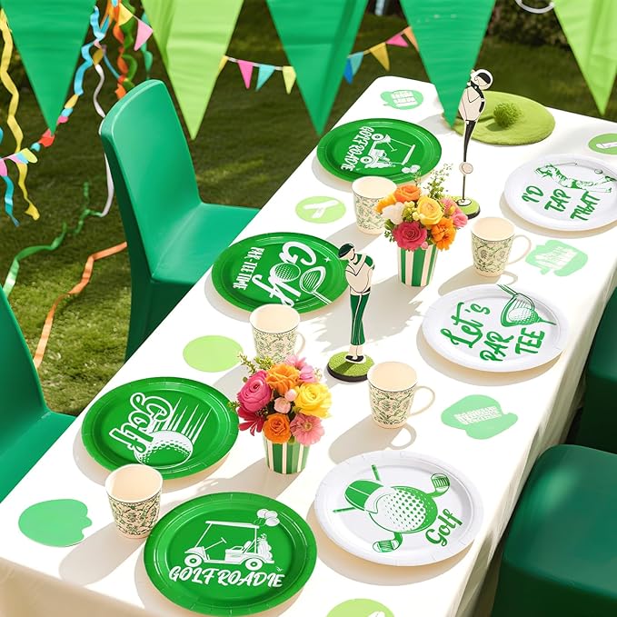 Grencian 60Pcs Golf Party Paper Plates 9" Disposable Heavy Duty White and Green Golf Symbol Dessert Paper Plates Let’s Par-Tee Birthday Tableware Set for Par-Tee Kids Birthday Sports Party Supplies