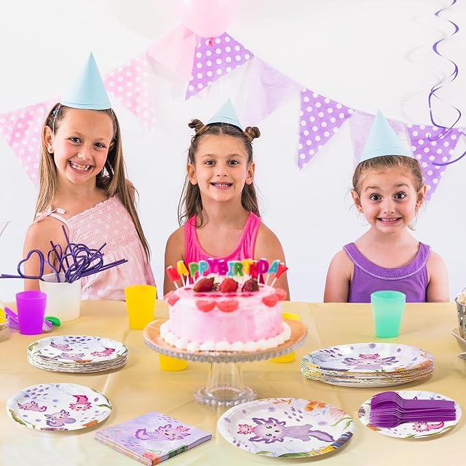 96Pcs Purple Axolotl Cute Cartoon Animals Party Plates Supplies Tableware Decorations Disposable Paper Plates Napkins Forks for Kids Birthday Baby Shower, Serves 24
