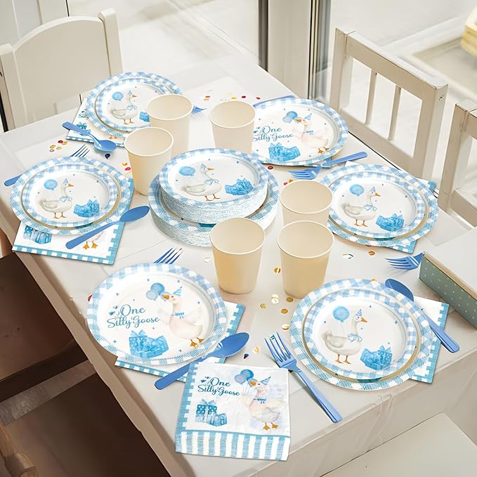 180PCS One Silly Goose Party Supplies Serve 60,Goose Theme Paper Plates and Napkins Kit for Baby Shower Birthday Party Decorations