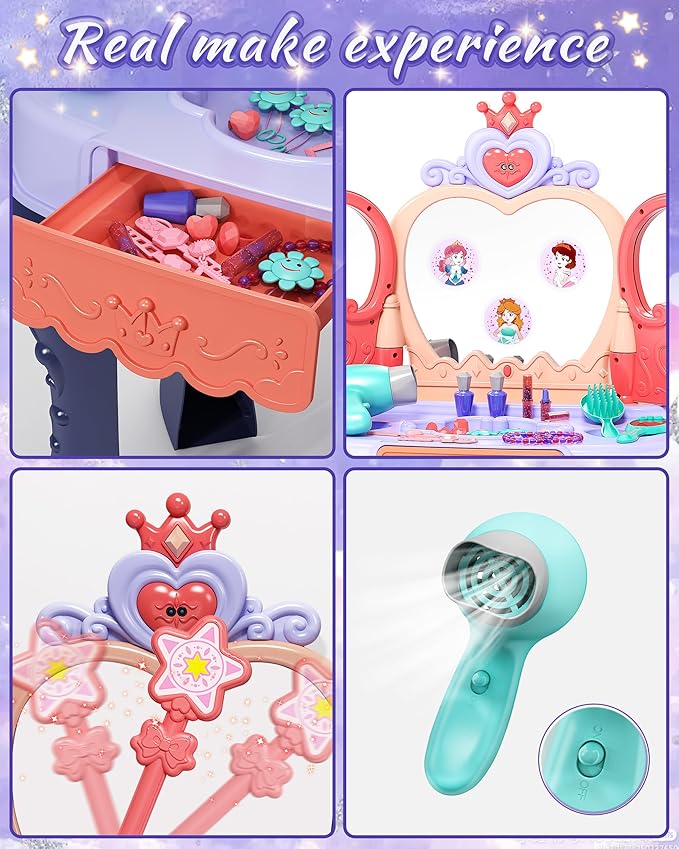 Magic Sensor Toddler Vanity Set with Automatic Opening Mirror, Kids Makeup Table with Induction Light & Music, Real Sound Hair Dryer, Fairy Wand & Accessories, Toy for Girls Age 3 4 5