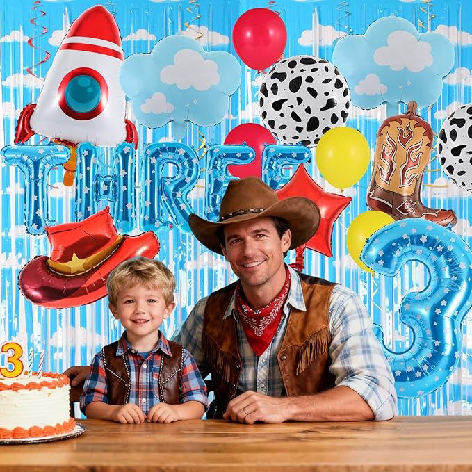 19Pcs Toy Themed Party Decorations Cartoon 3rd Birthday Decorations Blue Sky White Clouds Cowboy Hat Boots Rocket Balloons Toy Inspired Third Birthday Party Supplies