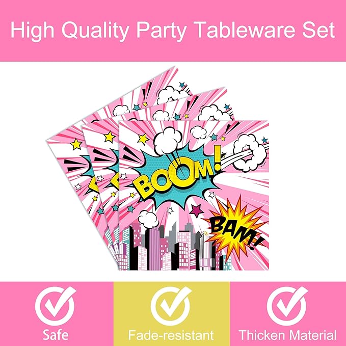96 Pcs Super Girl Hero Plates and Napkins Party Supplies Pink Comic Heroes Tableware Set Super Theme Hero Party Decorations Favors for Girl Birthday Baby Shower Serves 24