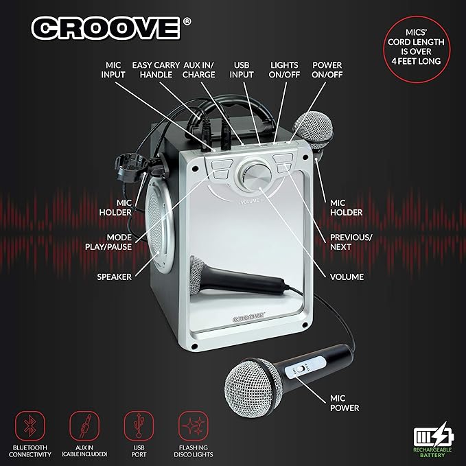 Croove Rechargeable Karaoke Machine For Kids - Incl. 2 Microphones with Flashing Disco Lights, Bluetooth, AUX & USB Ports Singing Machine for Children, Best Birthday Gifts for Boys & Girls Of All Ages