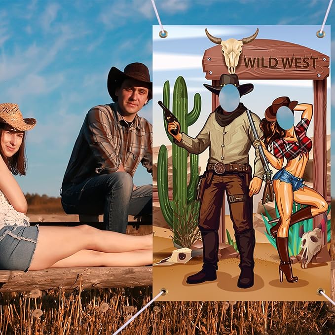 Tudomro 73 x 47 Inch Western Cowboy Backdrop Party Decorations Wild West Large Photo Booth Props Background Door Banner Cowboy Themed Funny Games Supplies for Birthday Party Men