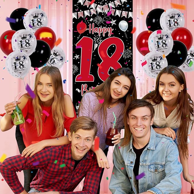 18th Birthday Decorations for Boys and Girls, Red Black Happy 18th Birthday Decorations for Men, Boy 18 Bday Party Door Banner Sign, Triangle Flag, Large 18 Balloons Decor for 18 Years Old