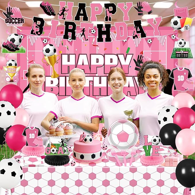 Pink Soccer Decorations for Girls Soccer Happy Birthday Banner Backdrop Balloons Football Plates Napkins Tablecloth Honeycomb Centerpieces Hanging Swirls Decor for Women Sports Party Supplies Serves10