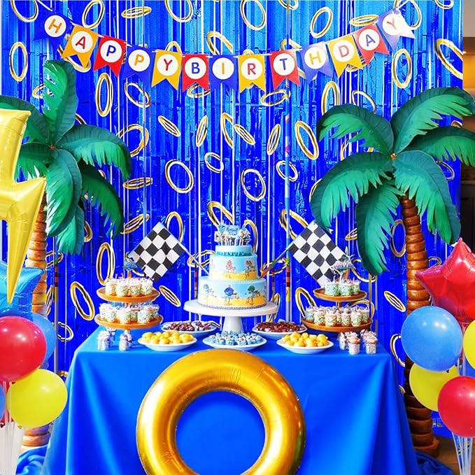 Cartoon Hedgehog Birthday Party Decoration, 4 Pack Hedgehog Party Backdrop Photo Booth Prop, Blue with Gold Ring Print Fringe Curtains Tinsel Photo Streamers for Hedgehog Theme Party Decor Supplies