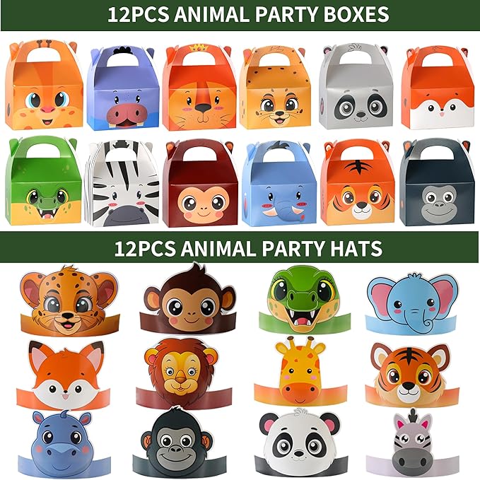All-in-One - 256 Pcs Wild One Jungle Safari Birthday Party Decorations - Zoo Animal First Birthday Supplies Kit - Includes Favor Boxes, Bubble Wands, Straws, Party Hats, Stickers & Cake Toppers etc