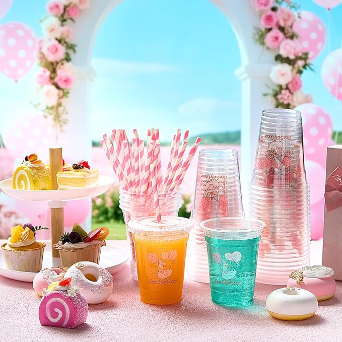 Domensi 50 Pcs One Silly Goose Birthday Party Plastic Cup 12 oz Pink Bow Goose Thick Clear Cup Mugs First Birthday Table Decorations Party Favor