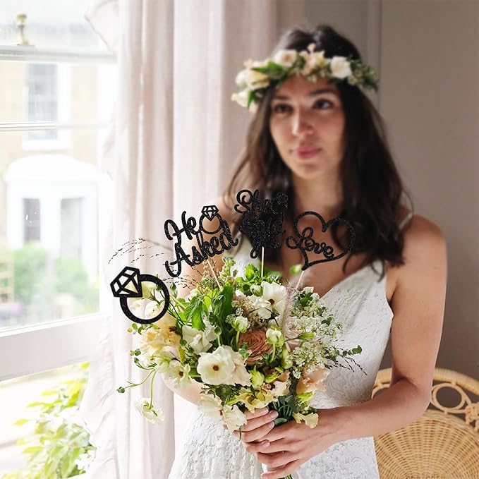 Gyufise 12Pcs He Asked She Said Yes Centerpiece Sticks Double Sided Love Heart I Do Ring Table Centerpiece Sticks for Wedding Engagement Bridal Theme Party Supplies Black