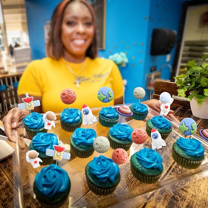 Ephlyn 24Pcs Outer Space Cupcake Toppers Planet Rocket Spaceship Trip to the Moon Star Cupcake Picks Solar System Galaxy Universe Planets Birthday Cupcake Decorations Party Supplies