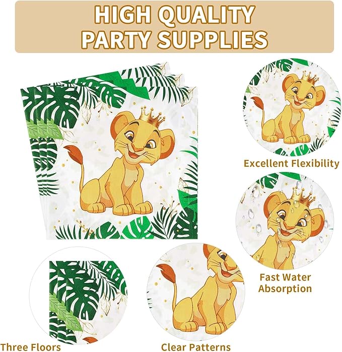 96 PCS Lion Baby Shower Supplies - 350GSM Jungle Lion Party Plates, Napkins & Tableware Sets - A Little King is on His Way - Safari Baby Shower Birthday Party Favors - Serves 24