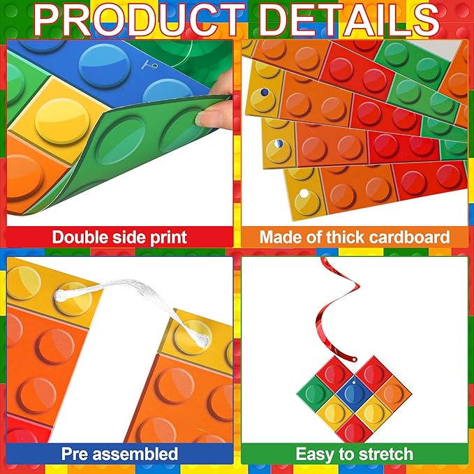 Building Block Birthday Party Decorations Brick Themed Happy Birthday Banner Colorful Block Hanging Swirls Honeycomb Balls Circle Dots Garland for Colorful Brick Pre-strung Birthdays Party Decor
