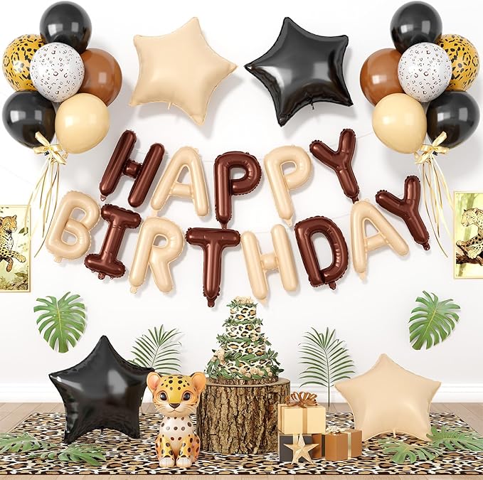 29PC Cream Brown Leopard Happy Birthday Balloon Banner, 16Inch 3D Aluminum Letter Banner Sign, Gold White Cheetah Printed 18 Inch Black Brown Star Foil Balloons for Leopard Cheetah Party Decorations