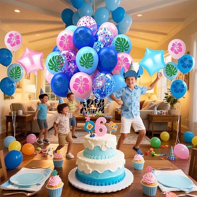 Blue Pink Light Blue Balloon 54Pcs 12 Inch，Cute Print Balloons for Cartoon Themed Birthday Party Decorations Boys Girls Hawaiian Gatherings Party Supplies