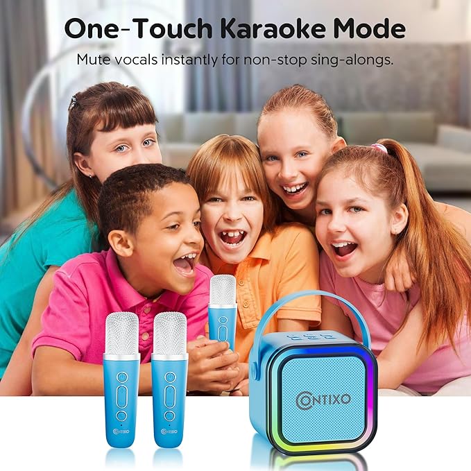 Contixo KS1 Mini Karaoke Machine for Kids, Portable Bluetooth Speaker with 2 Wireless Microphones & Dynamic Lights for Boys & Girls, Home Party Entertainment Toy (Blue)