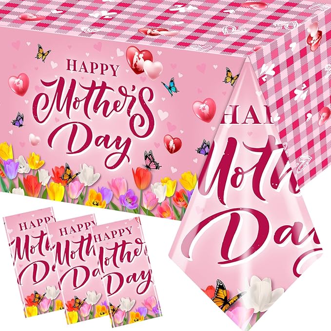 GREHUMOR 3Pcs Happy Mothers Day Tablecloth Mothers Day Party Supplies Pink Mothers Day Floral Flowers Tulip Disposable Rectangle Table Covers for Best Mom Ever Party Table Decorations