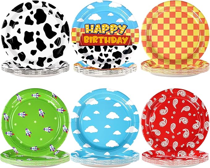 60 Pcs Toy Inspire Game Cartoon Story Party Plates 9" 350GSM Cartoon Cowboy Round Paper Plates Disposable Blue Sky Tableware Set for Kids Boys Girls Birthday Party Supplies Baby Shower Decor Favors