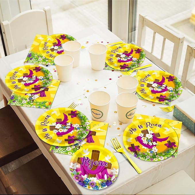 96 Pcs Easter Tableware Set He is Risen Plates Happy Easter Party Plates Easter Religious Plates and Napkins Paper Plates Napkins Forks for 24 Guests