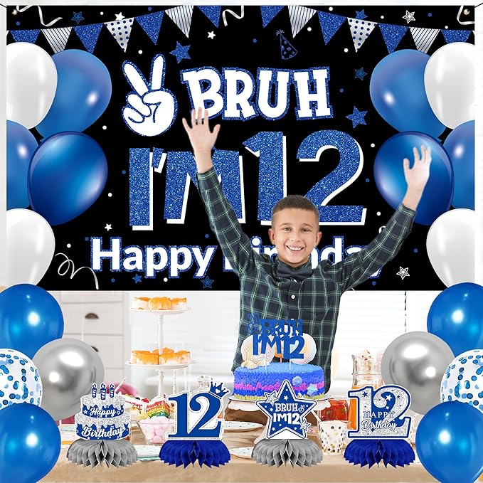 DARUNAXY 12th Birthday Party Decorations for Boys Girls, Blue Bruh I’m 12 Banner, 12 Number Balloons & Cake Topper, Sweet 12 Years Old Birthday Honeycomb Hanging Swirls Party Supplies