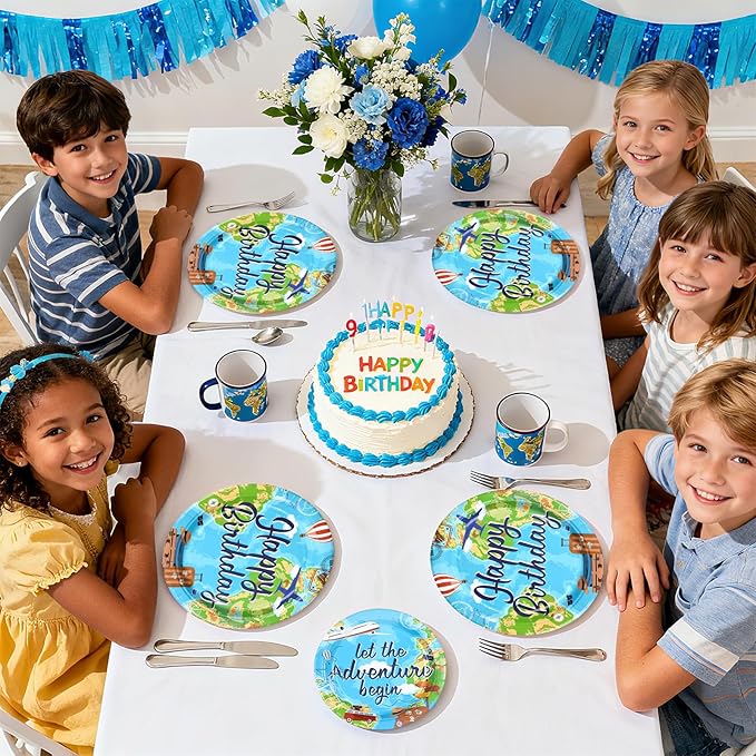 96Pcs Adventure Awaits Birthday Decorations Let The Adventure Begin Plates and Napkins Travel Theme Birthday Decor for Kids Boys World Map Graduation Travel Bday Baby Shower Party Supplies Serves 24