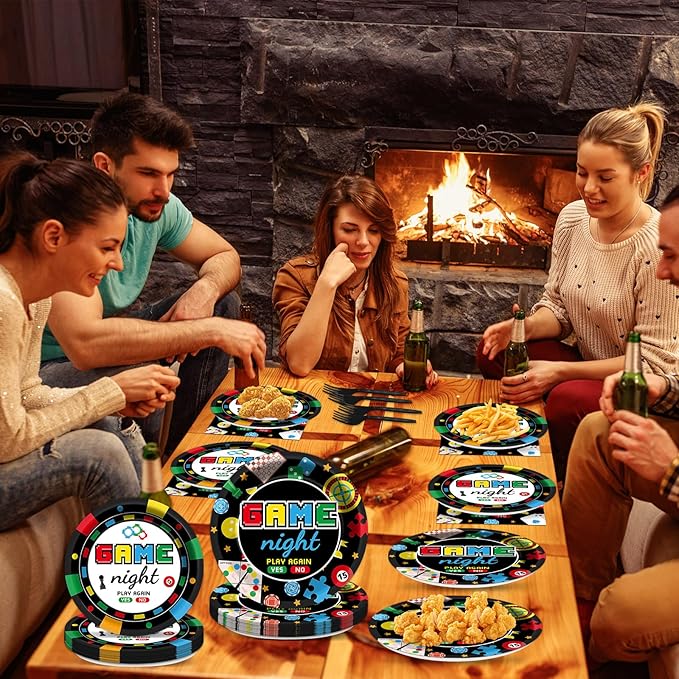 96Pcs Family Game Night Plates and Napkins Gaming Party Supplies Family Game Paper Plates Disposable Paper Plate Napkins Forks for Kids Adults Families Gamer Birthday Gaming Night Party Decorations