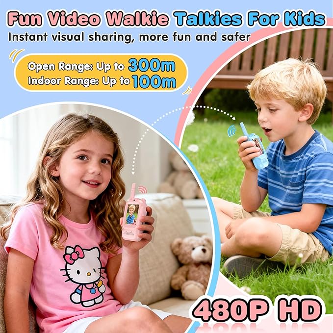 Video Walkie Talkies for Kids, 2 Pack Facetime Walkie Talkies with HD Camera & Voice Changer for Boys Girls for Family Games, Indoor, Outside, Hiking Christmas Birthday Toys Gift Ages 3-12 (Blue+Pink)