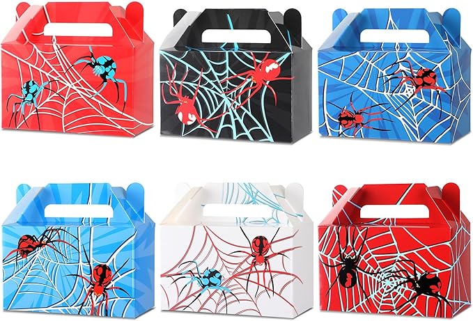 12Pcs Spider Party Favors Boxes Spider Web Paper Treat Box Birthday Supplies Red Blue Black Color Goodie Gift Boxes for Kid Boy Birthday Baby Shower Game Party Table Decoration 6 x 3.5 x 3 inches