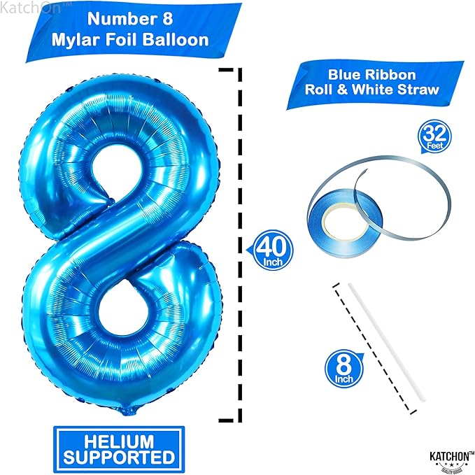 KatchOn, Giant Blue 8 Balloon - 40 Inch | Blue 8 Number Balloon| 8 Birthday Balloon, 8th Birthday Decorations | Number 8 Balloon Blue for Blue 8 Year Old Boy Birthday Decorations