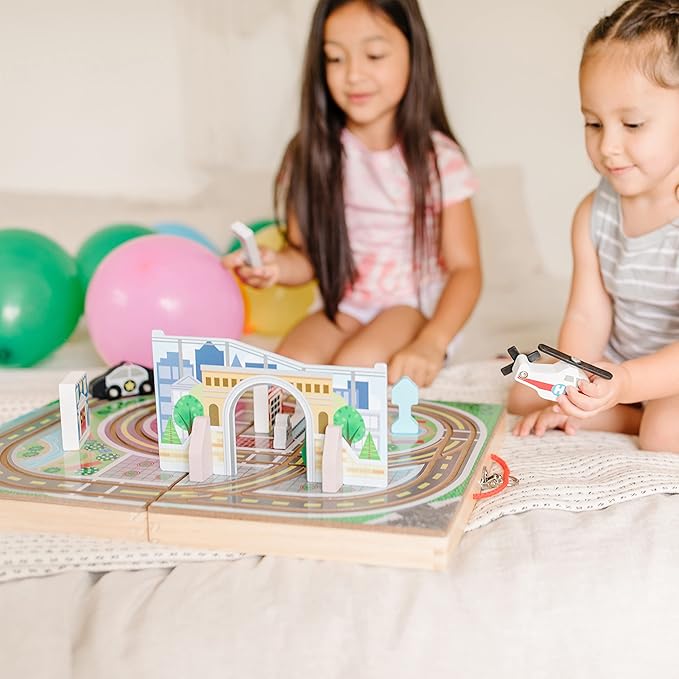 Melissa & Doug 18-Piece Wooden Take-Along Tabletop Town, 4 Rescue Vehicles, Play Pieces, Bridge