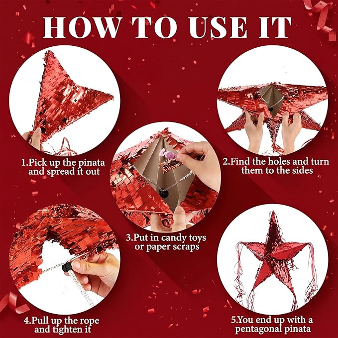 Hanaive Foil Star Piñata with Blindfold and Bat for Birthday Foldable Star Shape Piñata with Stick Festive Fiesta Party Supplies Favors for Mexican Party(Red)