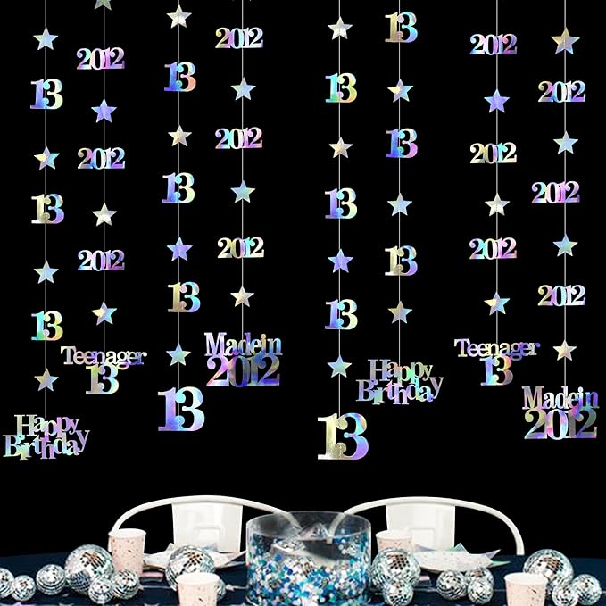 12PCS Iridescent 13th Birthday Decorations Number 13 and 2012 Star Garland Hanging Streamer Banner Backdrop for Girls Cheers to 13 Years Old Birthday Made in 2012 Official Teenager Party Supplies