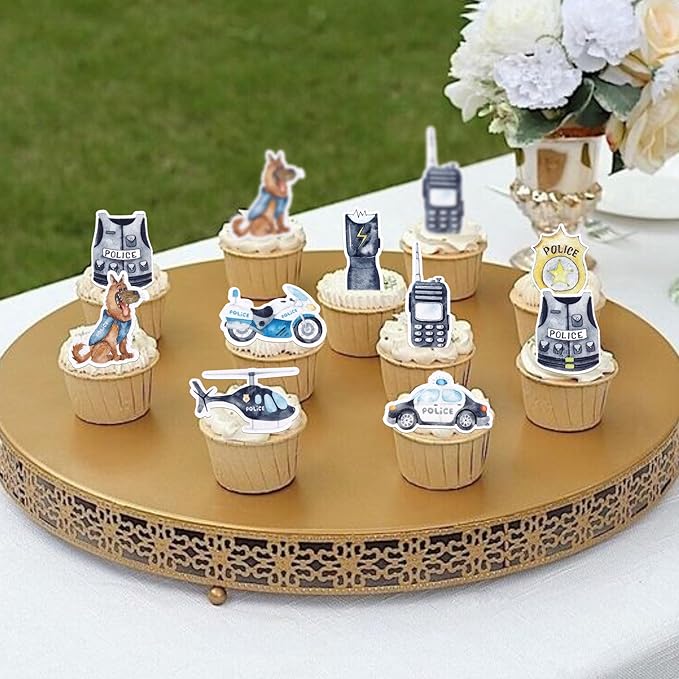 64 Pack Edible Police Cupcake Toppers Wafer Paper Selection Helicopter Car Dog Badge Uniform Gun Cupcake Picks for Police Themed Birthday Party Cake Decoration Supplies