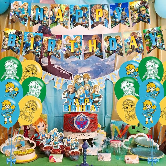 ELZEM 𝓩𝓮𝓵𝓭𝓪 Party Decorations,Legend Game Birthday Party Supplies Includes Banner- Cake Topper - 12 Cupcake Toppers - 18 Balloons, Blue