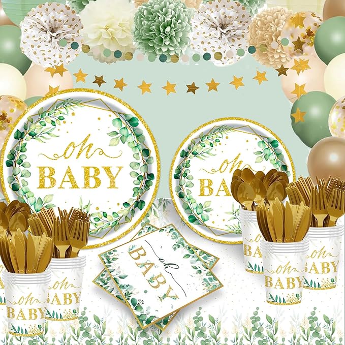 Sage Greenery Baby Shower Plates and Napkins Tableware Set - 175pcs Gender Neutral Baby Shower Decorations Oh Baby Party Supplies, Disposable Paper Plates Napkins for Baby Girl Boy Shower Decorations