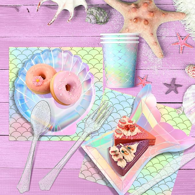 144 Pcs Mermaid Party Supplies Tableware Mermaids Themed Decorations Under the Sea Party Dinnerware Set Includes Plates Napkins Cups Spoons Fork Knives for Baby Shower Birthday Party(Cute Style)